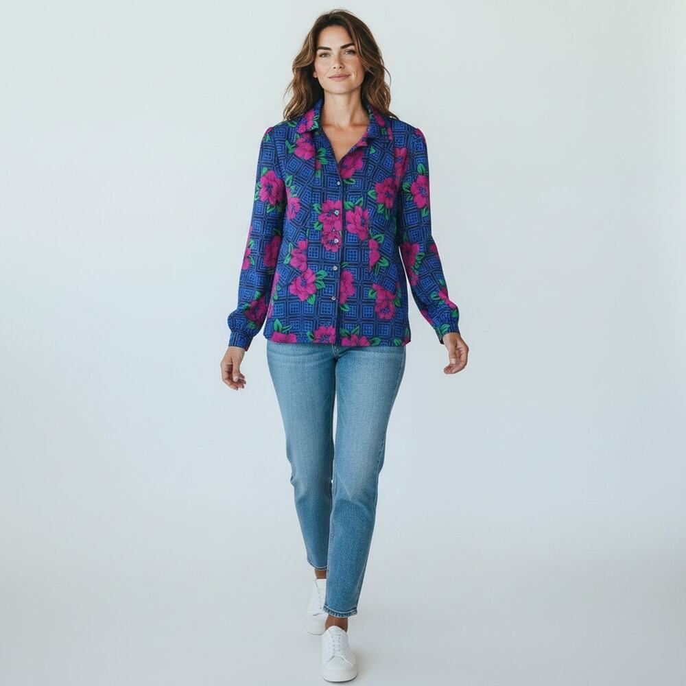 Vintage Rhoda Lee Blue Floral Pattern Blouse Long Sleeve Button Up Size 16